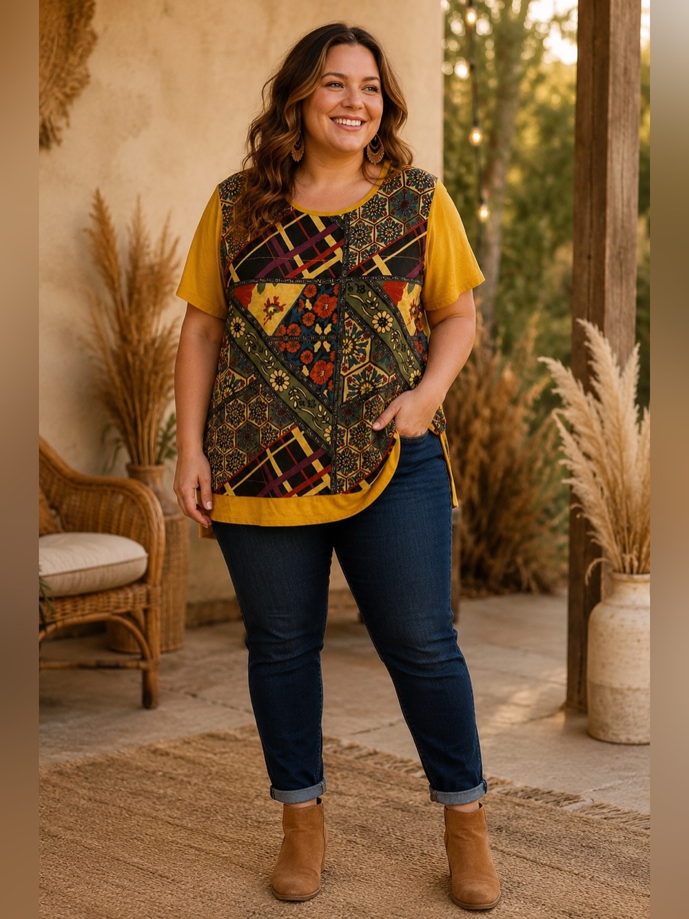Mustard Floral Patchwork Short Sleeve Tee